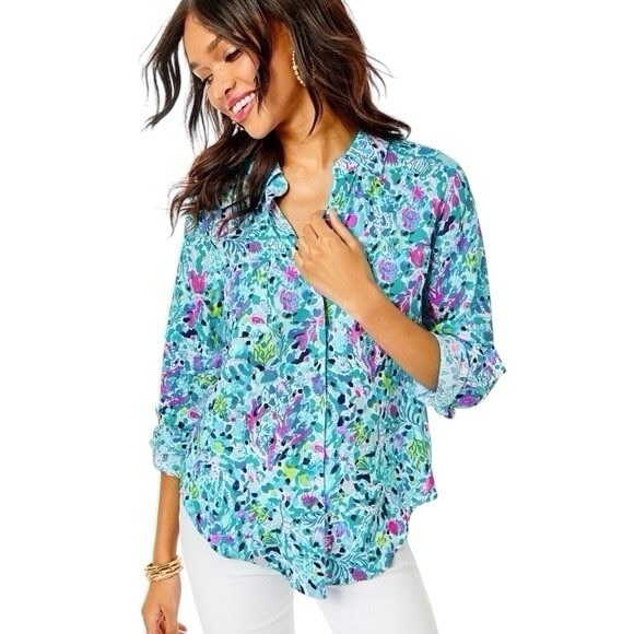 Lilly Pulitzer Tops - Lilly Pulitzer Sea View Linen Button Down Top In Multi Dive Bar, Size M